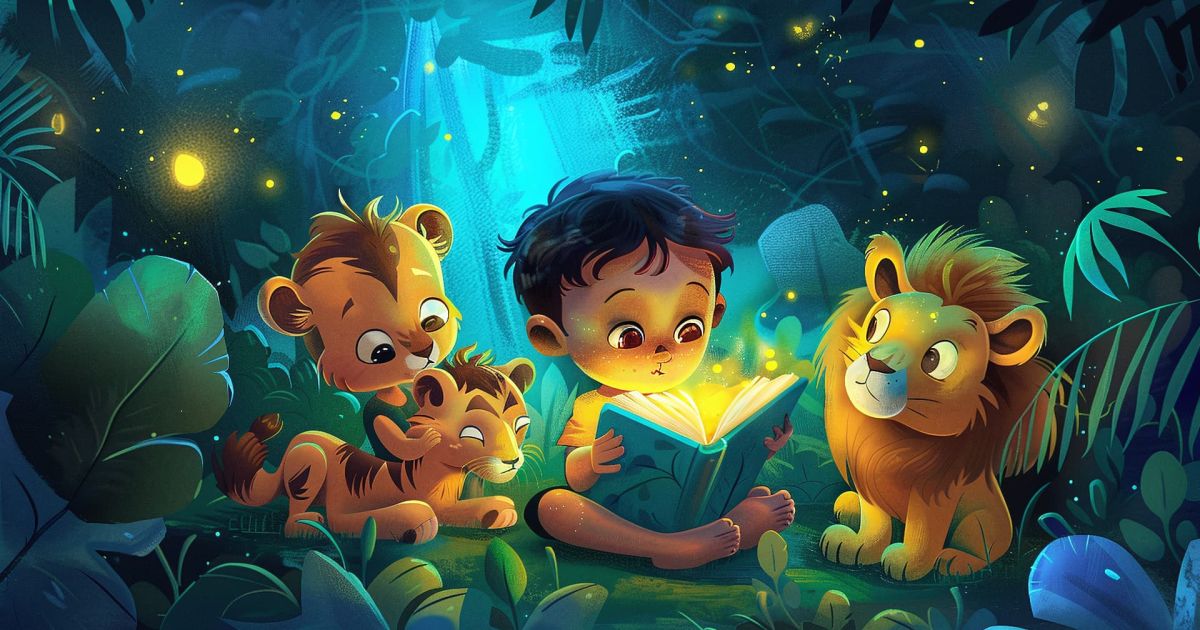 Una ilustración artística de un niño leyendo un libro brillante que ilumina una selva nocturna, rodeado por un león y dos cachorros de tigre amigables, representando la magia de los cuentos con animales de la selva