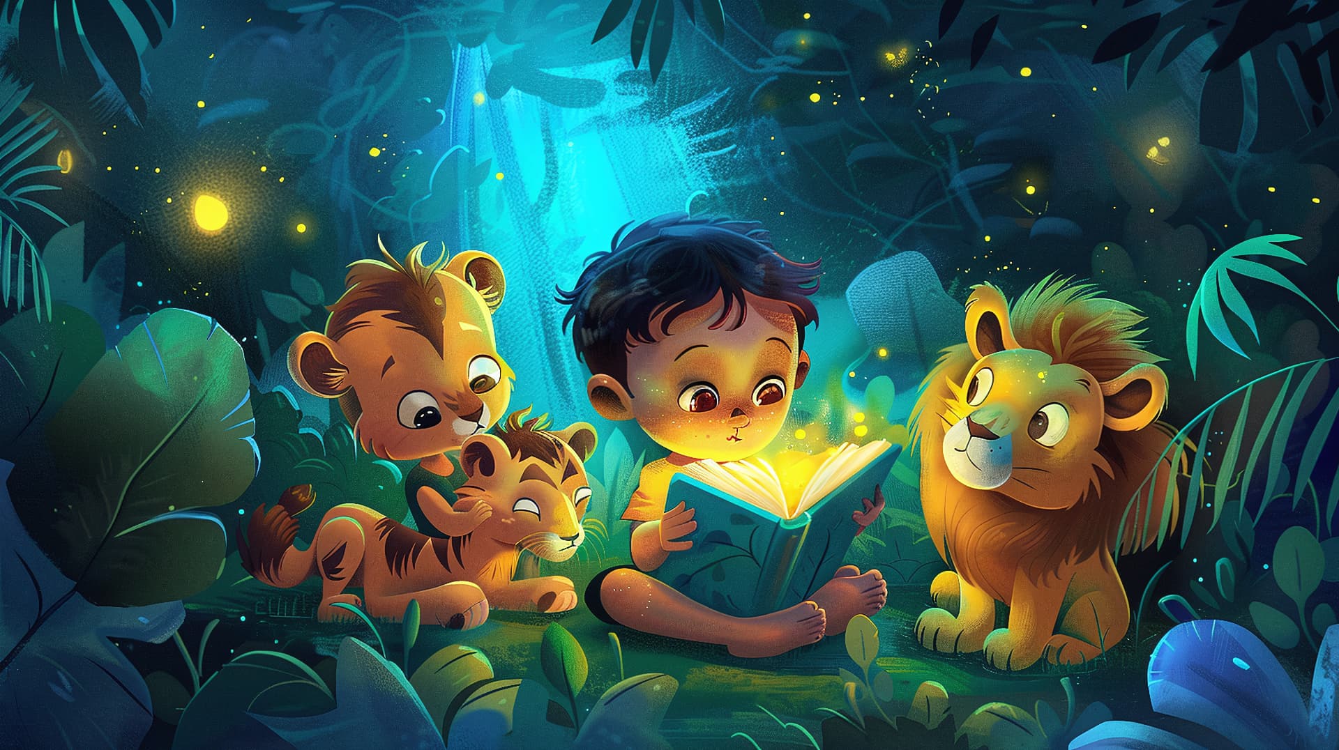 Una ilustración artística de un niño leyendo un libro brillante que ilumina una selva nocturna, rodeado por un león y dos cachorros de tigre amigables, representando la magia de los cuentos con animales de la selva