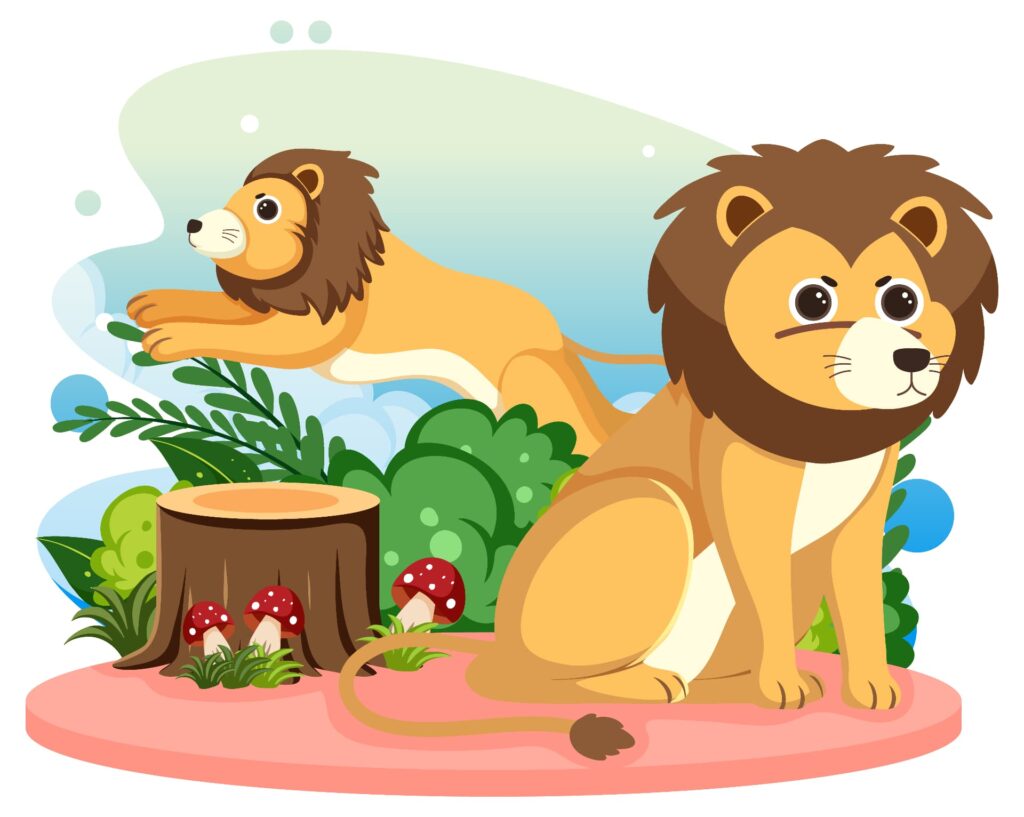 Ilustración de dos leones que reflejan el cuento El león que aprendió a escuchar