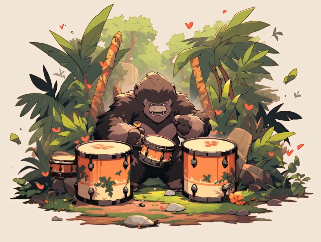 Ilustración de un mono pequeño en la cima de una colina tocando un tambor rústico bajo un cielo cargado de nubes de tormenta y rayos, representando la historia de El mono y el tambor del trueno.