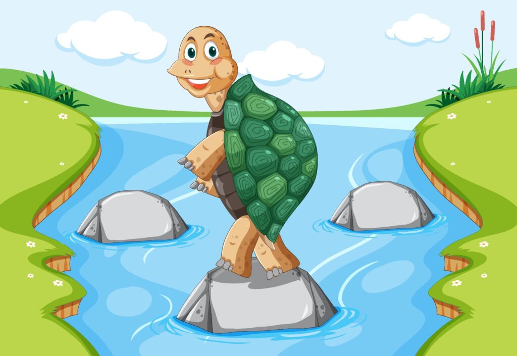 Ilustración infantil de una tortuga sonriente con caparazón verde cruzando un río azul saltando sobre piedras grises, representando la historia de La tortuga y el río inquieto en un paisaje colorido con colinas y flores.