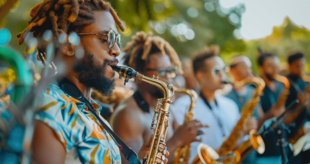 músicos de un grupo de salsa tocando saxofones al aire libre con un saxofonista en primer plano