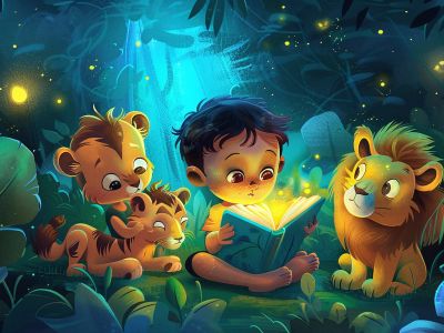 Una ilustración artística de un niño leyendo un libro brillante que ilumina una selva nocturna, rodeado por un león y dos cachorros de tigre amigables, representando la magia de los cuentos con animales de la selva