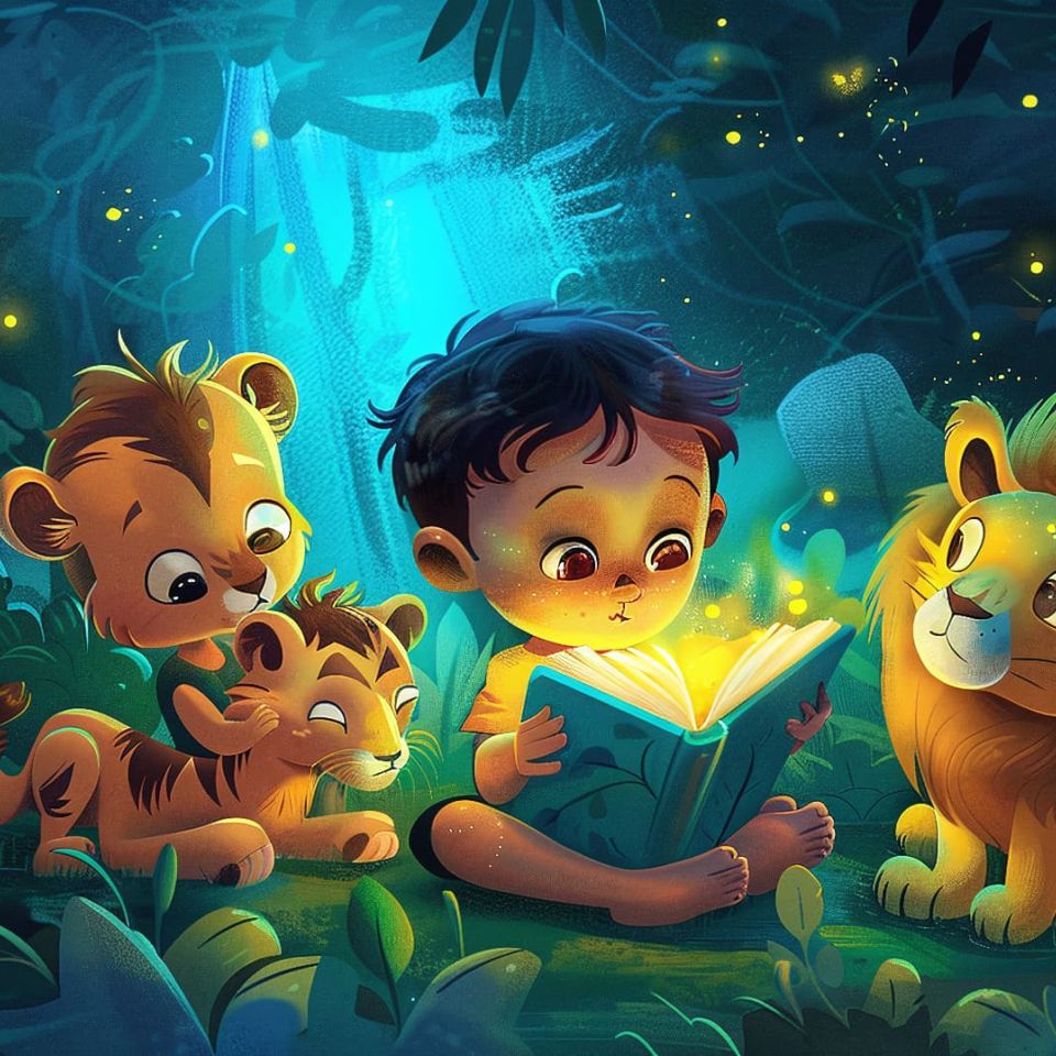 Una ilustración artística de un niño leyendo un libro brillante que ilumina una selva nocturna, rodeado por un león y dos cachorros de tigre amigables, representando la magia de los cuentos con animales de la selva